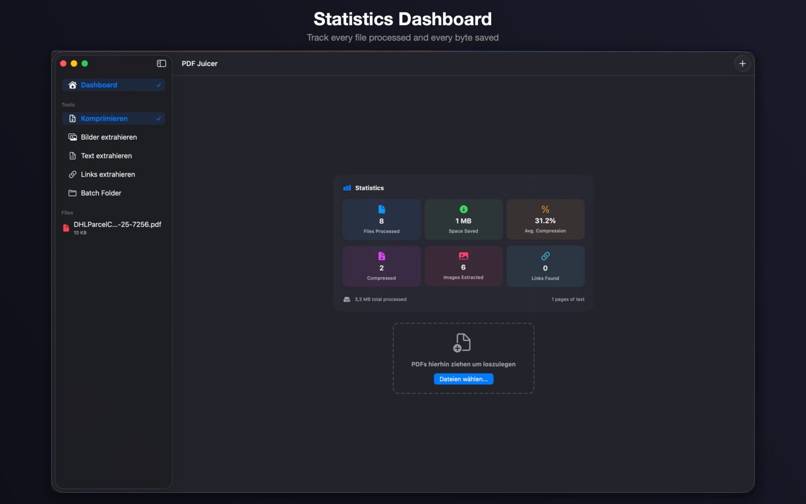 PDF Juicer dashboard with statistics for files processed and space saved