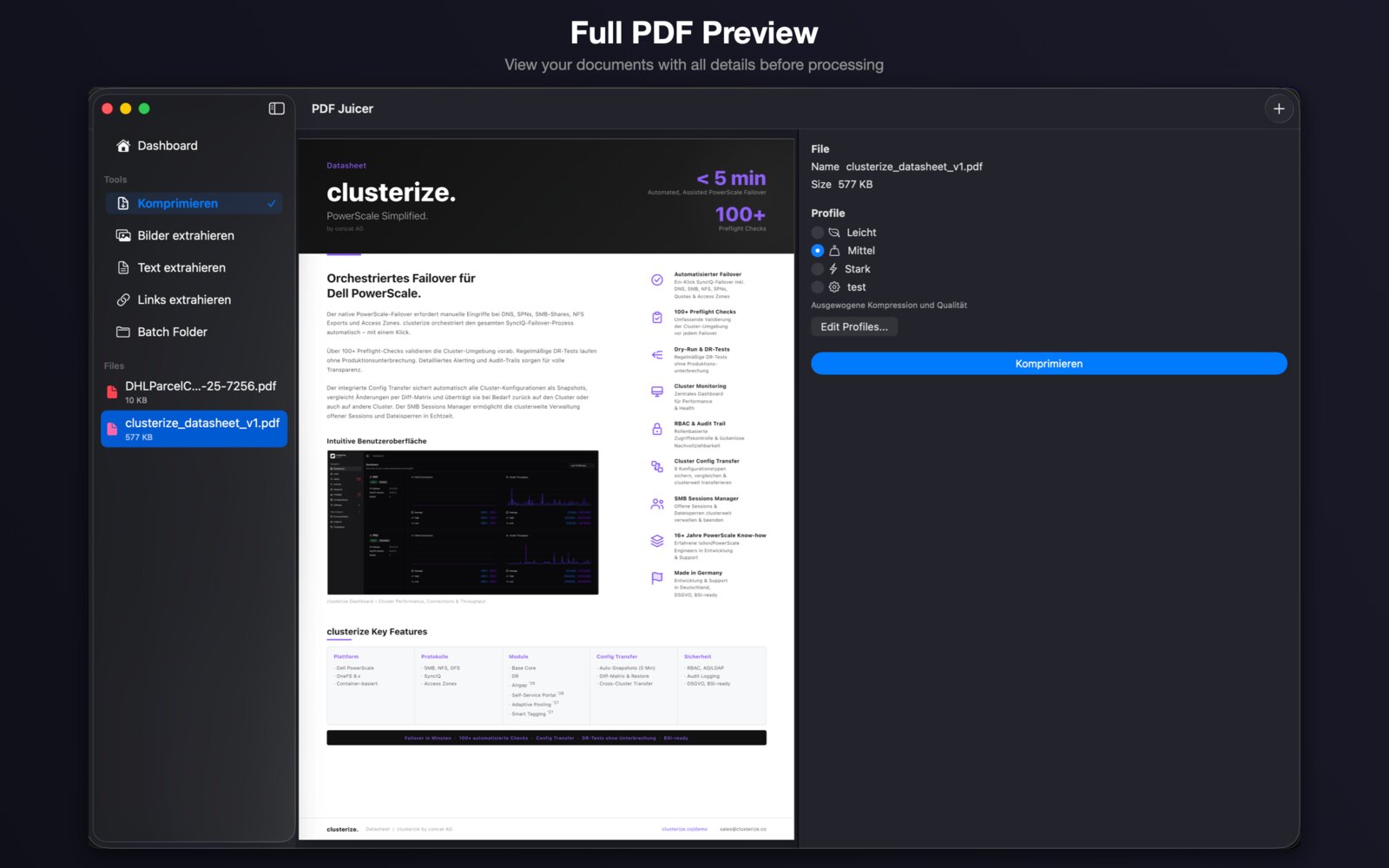PDF Juicer compression view with full document preview and profile selector