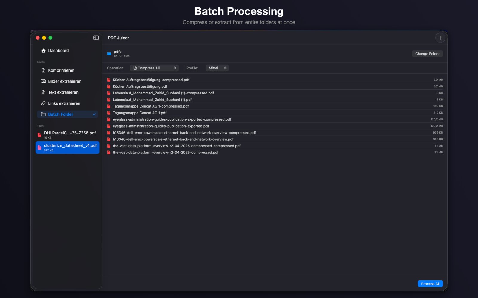 Batch folder processing with multiple PDFs queued for compression