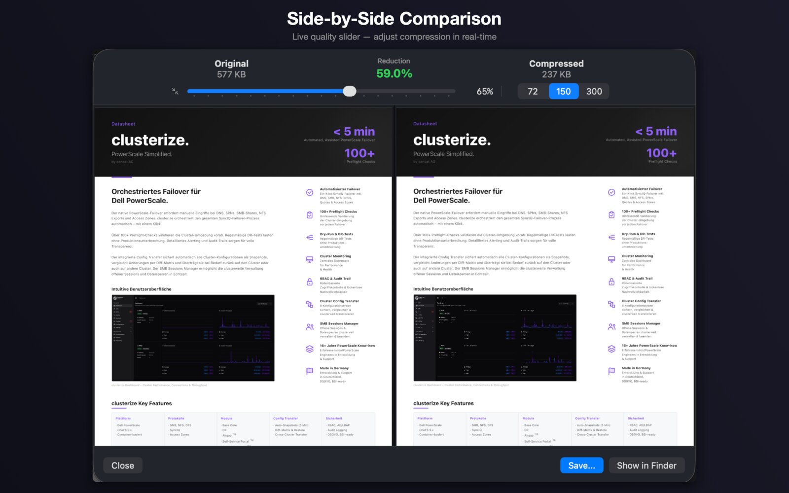 PDF Juicer side-by-side comparison showing a 59% reduction with the live quality slider